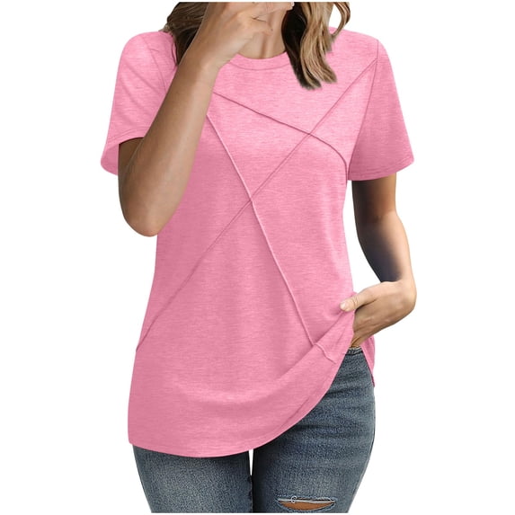 hotojiny Womens Summer Tops Pleated Round Neck Short Sleeve Shirts Soft Solid Color Business Work Casual Tee
