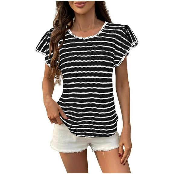 hotojiny Womens Summer Tops Beach Vaction Clothes Casual Striped Ruffle Short Sleeve Trendy Shirts Loose Fit Crewneck T Shirt Blouses