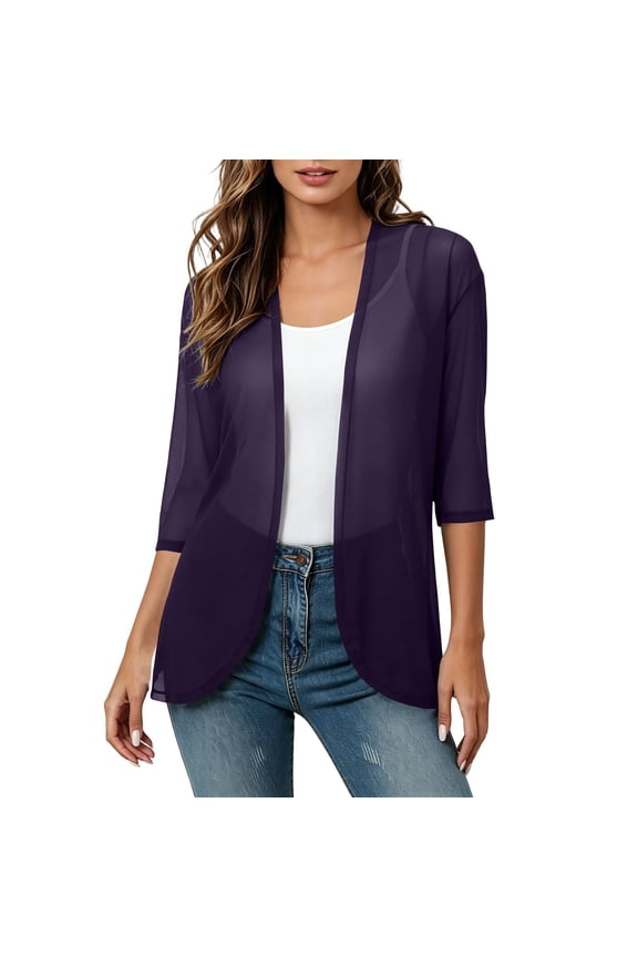 Womens Summer Tops Breathable 3/4 Sleeve Open Front Kimono Cardigans Casual Chiffon Cardigan Lightweight Coat for Ladies