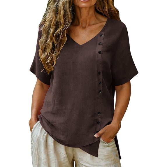 hotojiny Womens Summer Tops Casual Short Sleeve Blouses with Button Lightweight V Neck Shirts Beach Vacation Clothes