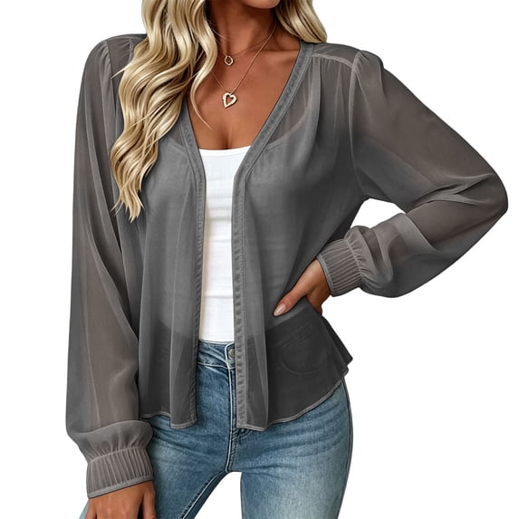 hotojiny Womens Summer Tops Chiffon Long Sleeve Kimono Cardigans See Through Casual Open Front Lightweight Jackets