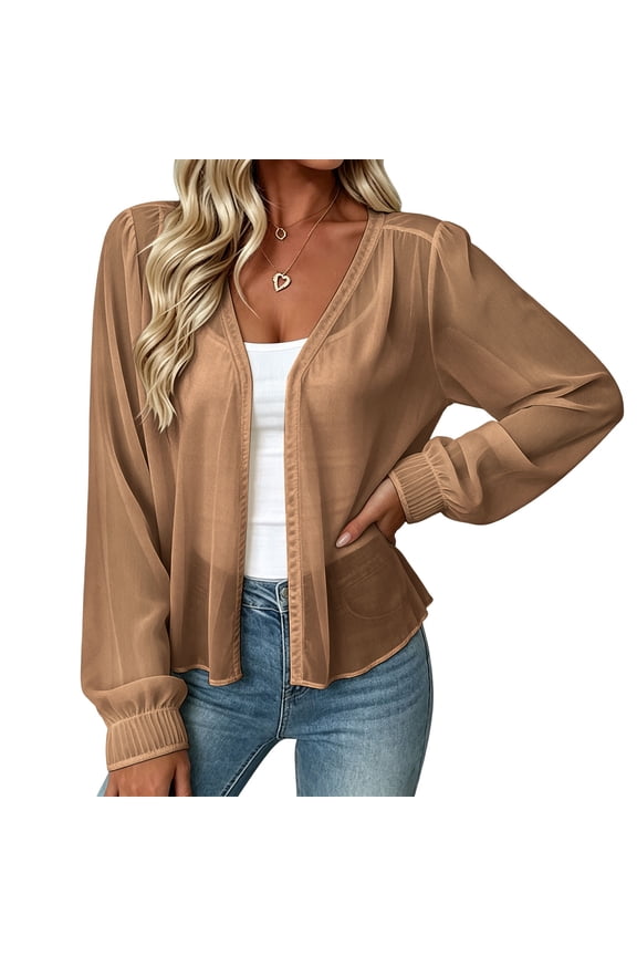 Womens Summer Tops Chiffon Long Sleeve Kimono Cardigans See Through Casual Open Front Lightweight Jackets