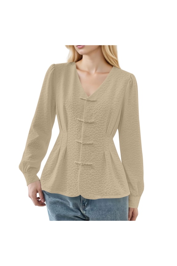 Womens Summer Tops Dressy Casual Long Sleeve Blouses V Neck Business Work Shirts Textured Peplum Shirt Spring Clothes