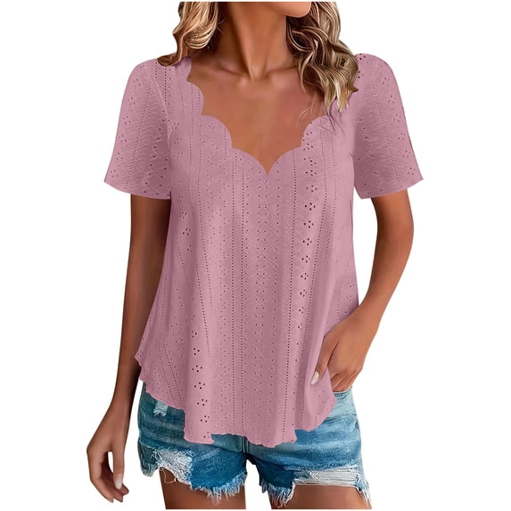 hotojiny Womens Summer Tops Fashion Short Sleeve Casual Dressy Shirts Breathable Hollow out V Neck Loose Fit Blouses S-5XL