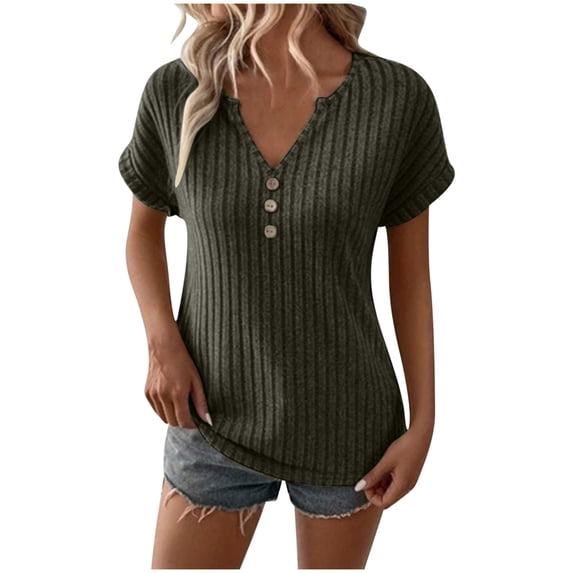 hotojiny Womens Summer Tops Fashion Solid Color Shirts Casual Button V Neck Ribbed Knit Tshirts Cap Short Sleeve Tees Blouse