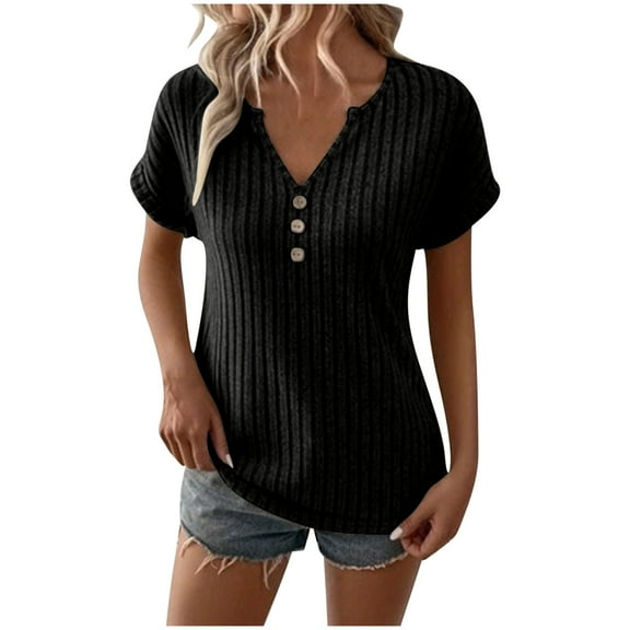 hotojiny Womens Summer Tops Fashion Solid Color Shirts Casual Button V Neck Ribbed Knit Tshirts Cap Short Sleeve Tees Blouse