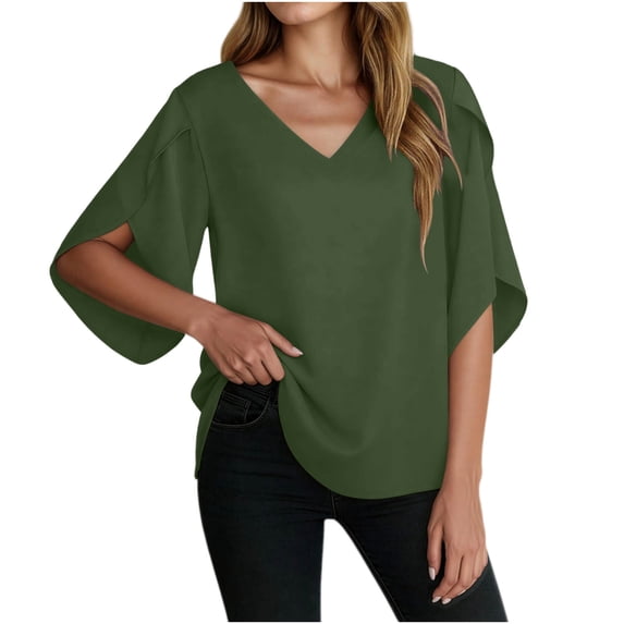 hotojiny Womens Summer Tops Lightweight Ruffle 3/4 Sleeve Blouses Dressy Casual V Neck Office Work Spring Fashion Clothing