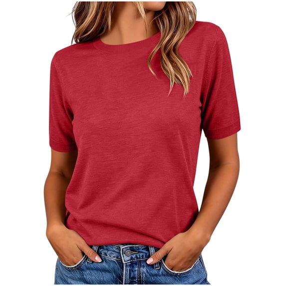 hotojiny Womens Summer Tops Lightweight Short Sleeve T-Shirts Solid Color Crew Neck Cute Trendy Tunic Blouses