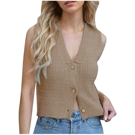 hotojiny Womens Sweater Vest Trendy Solid Color Sleeveless Deep V Neck Crop Top Summer Button down Crochet Knit Shirt