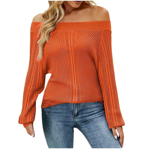 hotojiny Womens Sweaters Sexy Off The Shoulder Knit Sweater Long Sleeve Hollow Out Fall Solid Pullover Tops