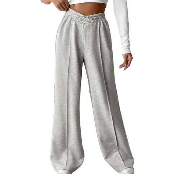 hotojiny Womens Sweatpants Casual Wide Leg Baggy V Crossover Sweat Pants Trendy High Waist Workout Trousers with Pockets