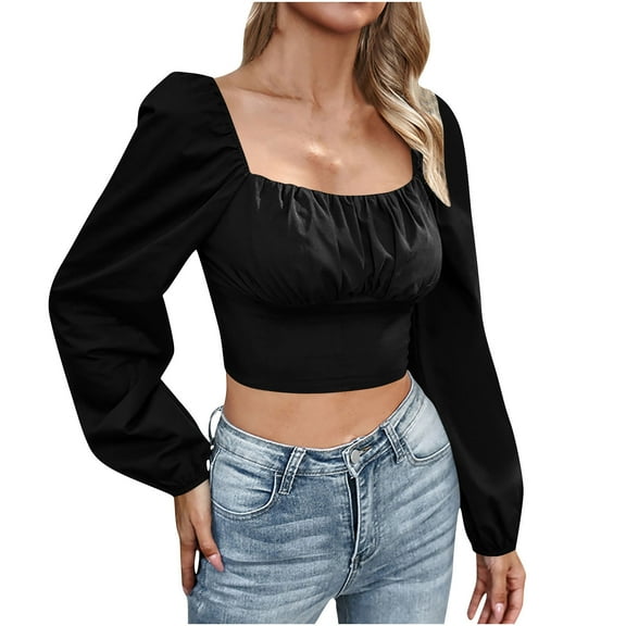 hotojiny Womens Tops Spring Fashion Square Neck Going out T Shirt Casual Long Lantern Sleeve Cropped Clothes