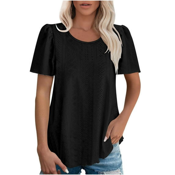 hotojiny Womens Tops Casual Short Sleeve Hollow out T Shirts Summer Loose Crewneck Blouse Fashion Outfit