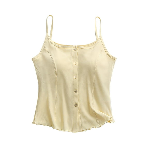 hotojiny Womens Tops Cute Spaghetti Strap Ruffle Trim Camis Square Collar Button up Slim Fit Tunic Tank Shirt with Built in Bra