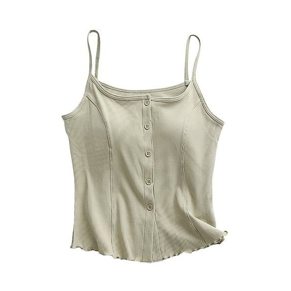 hotojiny Womens Tops Cute Spaghetti Strap Ruffle Trim Camis Square Collar Button up Slim Fit Tunic Tank Shirt with Built in Bra