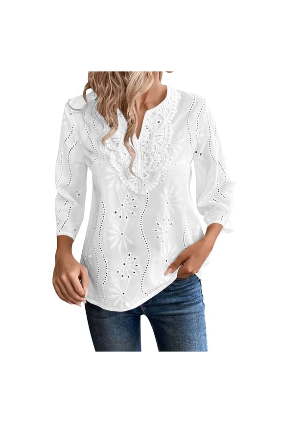 Womens Tops Dressy Casual 3/4 Length Sleeve Shirts Fall Fashion Hollow out Blouses Notch V Neck Beach Boho Clothes