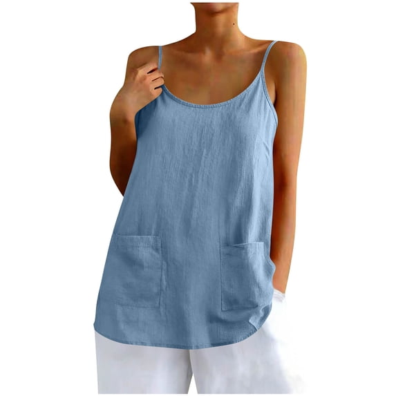 hotojiny Womens Tops Flowy Sleeveless Summer Boho Tunic Tees Casual Crewneck Loose Fit Spaghetti Strap Cami Shirts with Pockets