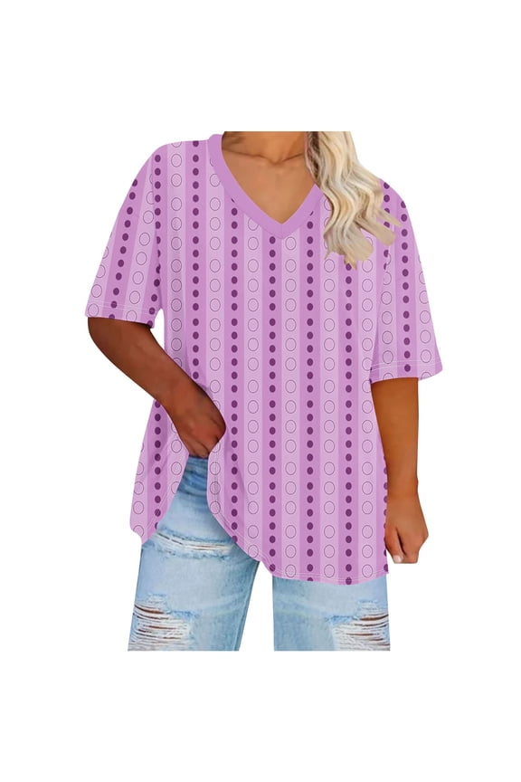 Womens Tops Plus Size Fashion Color Block Half Sleeve Blouse Lightweight Soft V Neck Summer T Shirt