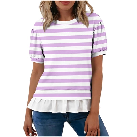 hotojiny Womens Tops Summer Short Sleeve Striped Shirts with Ruffle Hem Loose Fit Crew Neck T-Shirts Streetwear