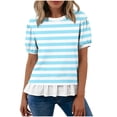 thumbnail image 1 of hotojiny Womens Tops Summer Short Sleeve Striped Shirts with Ruffle Hem Loose Fit Crew Neck T-Shirts Streetwear, 1 of 7