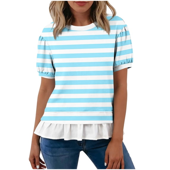 hotojiny Womens Tops Summer Short Sleeve Striped Shirts with Ruffle Hem Loose Fit Crew Neck T-Shirts Streetwear