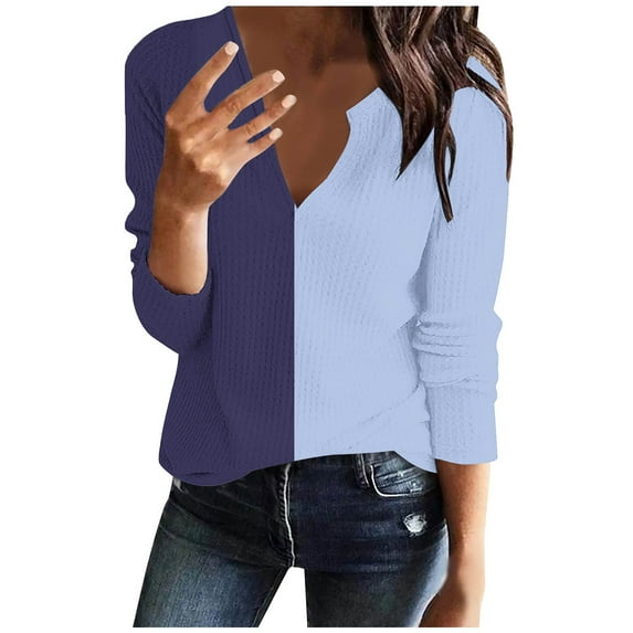 hotojiny Womens Tops V Neck Long Sleeve Casual Shirts Color Block Knit Comfy Pullover Blouses Fall Fashion Tunics Tees