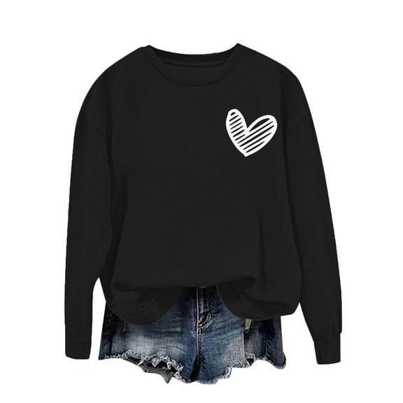 hotojiny Womens Tops Valentine's Day Long Sleeve Shirts Lightweight Crew Neck Heart Pullover Loose Fit Fall Fashion Clothes