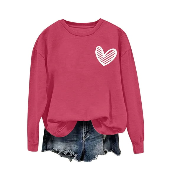 hotojiny Womens Tops Valentine's Day Long Sleeve Shirts Lightweight Crew Neck Heart Pullover Loose Fit Fall Fashion Clothes