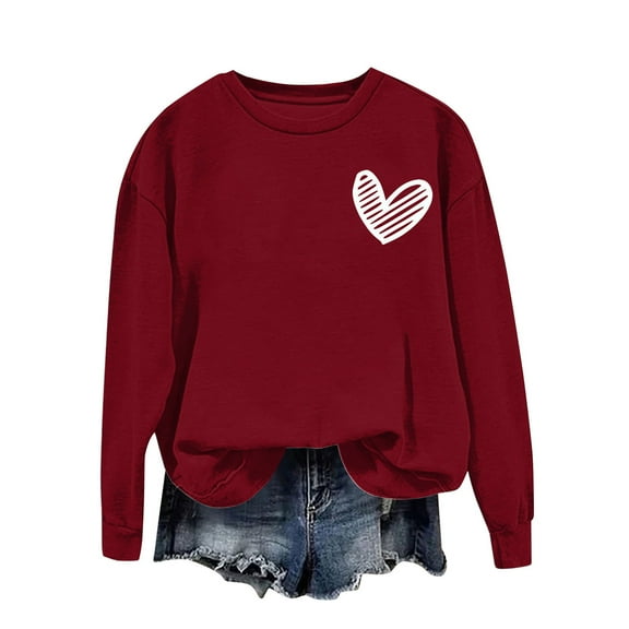 hotojiny Womens Tops Valentine's Day Long Sleeve Shirts Lightweight Crew Neck Heart Pullover Loose Fit Fall Fashion Clothes