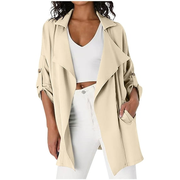 hotojiny Womens Trench Coat Fall Casual Long Sleeve Lapel Midi Peacoat Fashion Open Front Jacket with Pockets