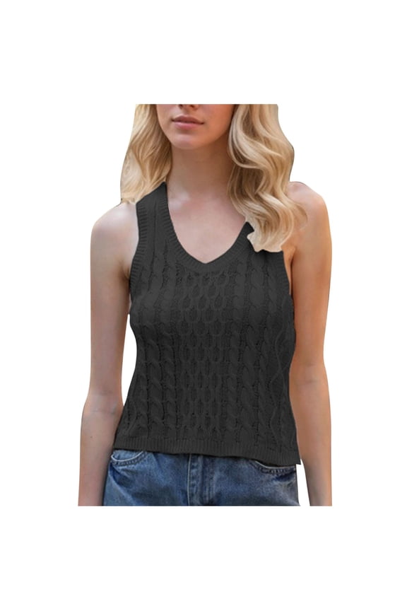 Womens V Neck Sweater Vest Summer Cable Knit Stretch Shirt Soft Sleeveless Casual Pullover Tank Top