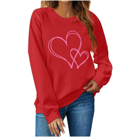 hotojiny Womens Valentine's Day Sweatshirts Fashion Casual Long Sleeve Loose Pullover Soft Crewneck Spring Tops