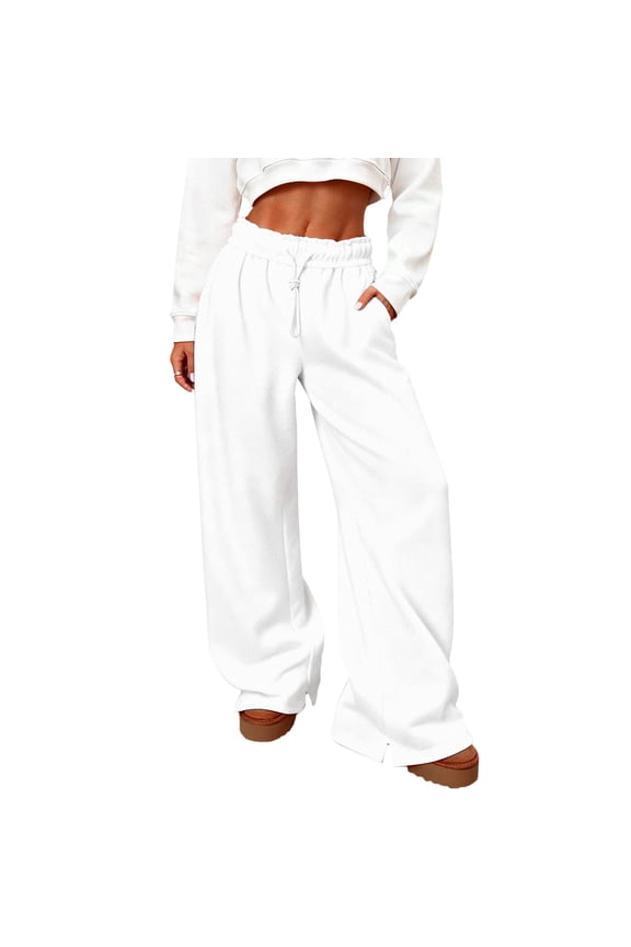 Womens Wide Leg Pants Casual Drawstring Baggy Pant with Pockets Loose Fit Streetwear Solid Color Trouser