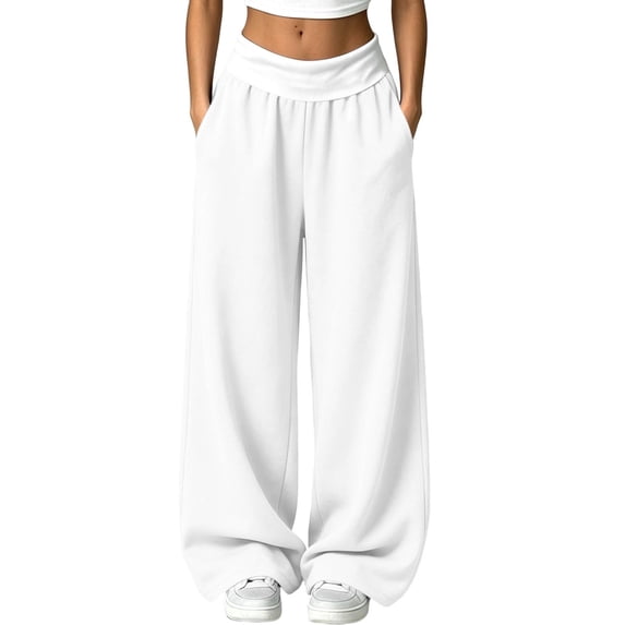 hotojiny Womens Wide Legs Sweatpants Fashion Colorblock Pants with Pockets Elastic Waist Baggy Pants Streetwear(White,X-Large)