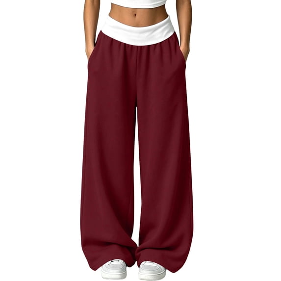 hotojiny Womens Wide Legs Sweatpants Fashion Colorblock Pants with Pockets Elastic Waist Baggy Pants Streetwear(Wine,X-Large)