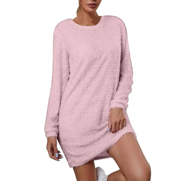 hotojiny Womens Winter Mini Dress Warm Fuzzy Soft Long Sleeve T-Shirt Dress Comfy Lounge Crewneck Dress Fashion Outfits