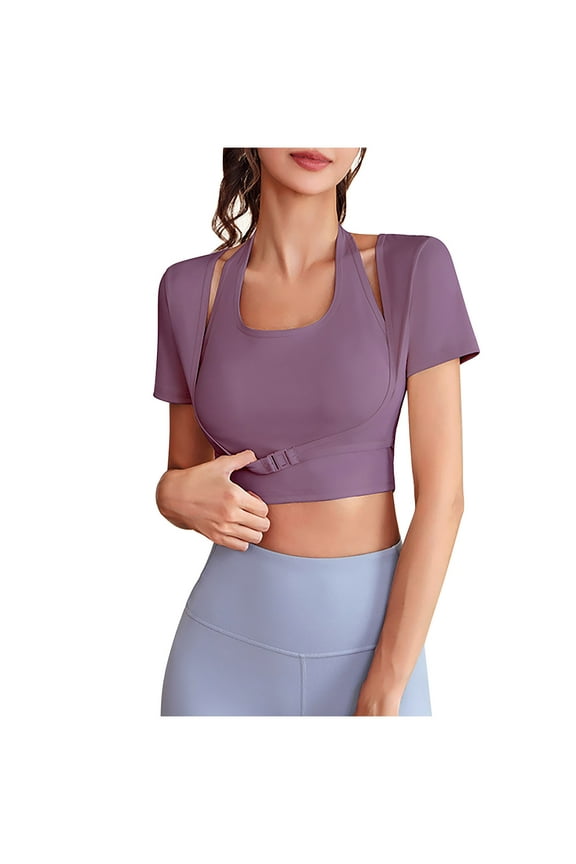 Womens Workout Tops Stylish Halter Short Sleeve U Neck Yoga Shirts Stretchy Athletic Running Built-In Bra Gym Clothes