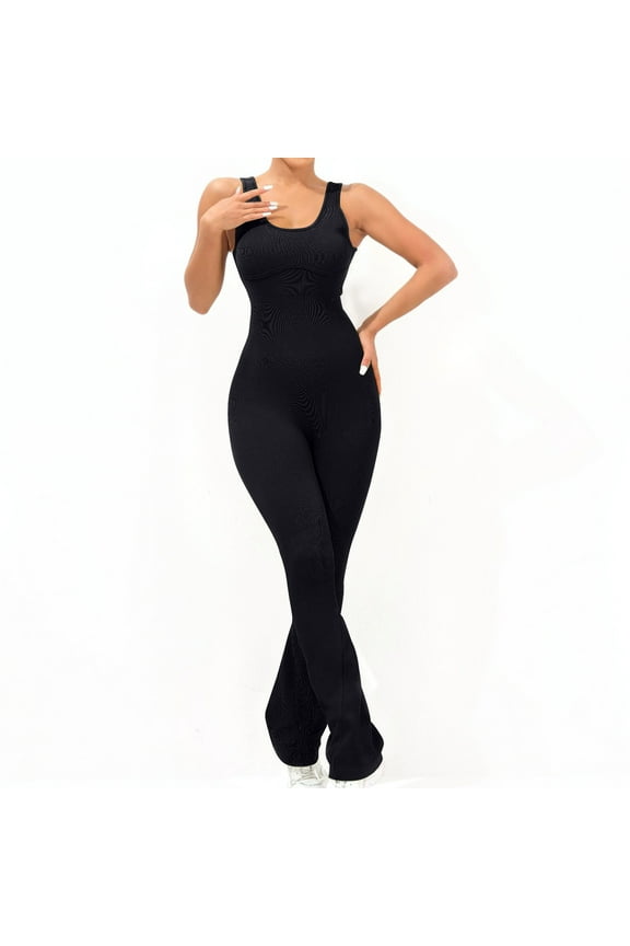 Womens Yoga Jumpsuits Sleeveless Stretch Flare Romper Scoop Neck Bell Bottoms Bodysuit for Workout