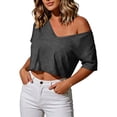 thumbnail image 1 of hotojiny Womens off the Shoulder Tops Oversized T-Shirts V Neck Short Sleeve Cropped Tees Summer Casual Spring Clothes, 1 of 5