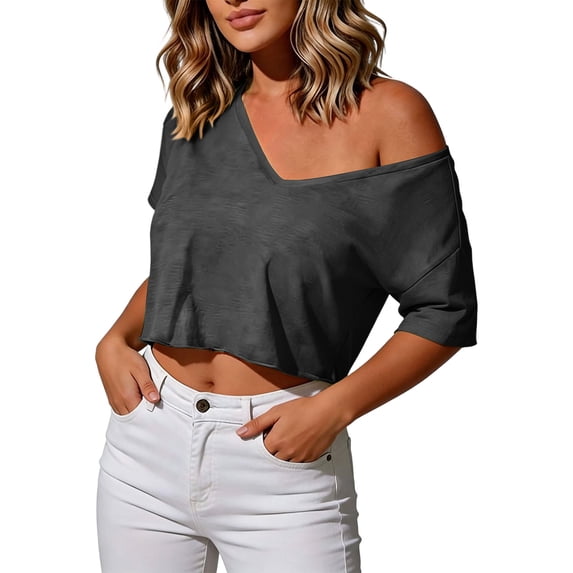 hotojiny Womens off the Shoulder Tops Oversized T-Shirts V Neck Short Sleeve Cropped Tees Summer Casual Spring Clothes