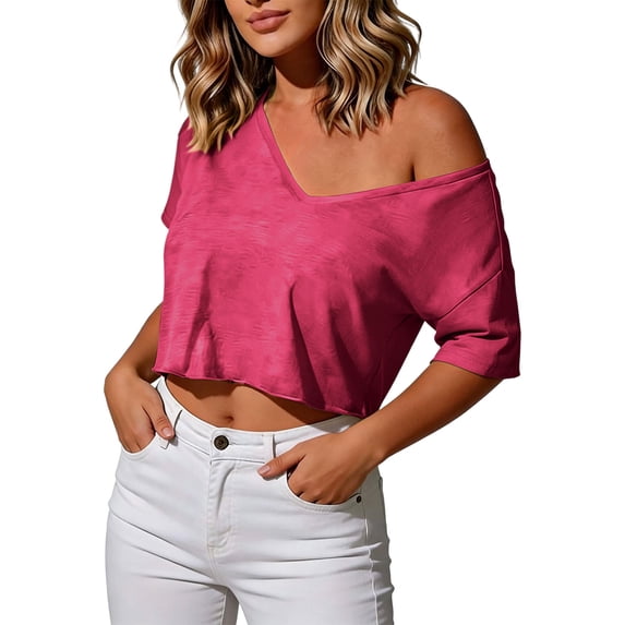 hotojiny Womens off the Shoulder Tops Oversized T-Shirts V Neck Short Sleeve Cropped Tees Summer Casual Spring Clothes