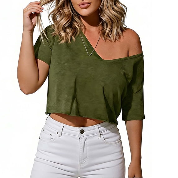 hotojiny Womens off the Shoulder Tops Oversized T-Shirts V Neck Short Sleeve Cropped Tees Summer Casual Spring Clothes