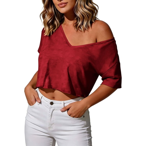 hotojiny Womens off the Shoulder Tops Oversized T-Shirts V Neck Short Sleeve Cropped Tees Summer Casual Spring Clothes