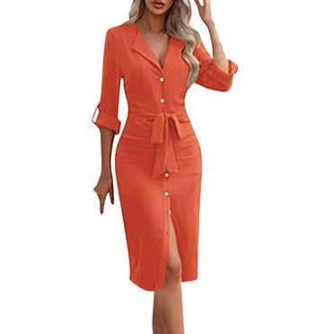 hotojiny Work Dress for Women Slim Office Business Long Sleeve Midi Dress with Belt Elegant Bodycon Button Pencil Dresses