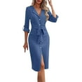 thumbnail image 1 of hotojiny Work Dress for Women Slim Office Business Long Sleeve Midi Dress with Belt Elegant Bodycon Button Pencil Dresses, 1 of 6