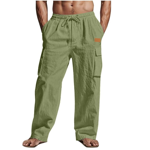 hotojiny Work Pants for Men Summer Cotton Linen Drawstring Loose Fit Beach Trousers Casual Elastic Waist Hiking Cargo Pants