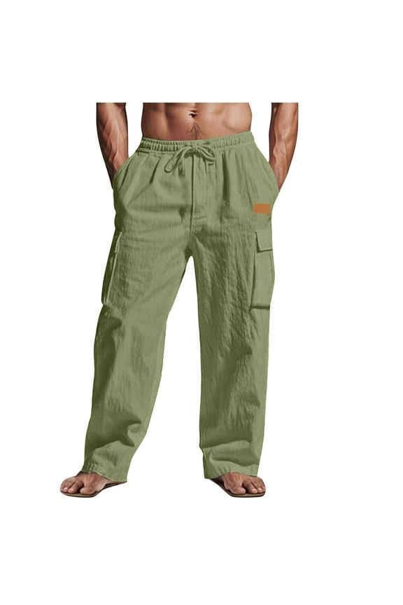 Work Pants for Men Summer Cotton Linen Drawstring Loose Fit Beach Trousers Casual Elastic Waist Hiking Cargo Pants