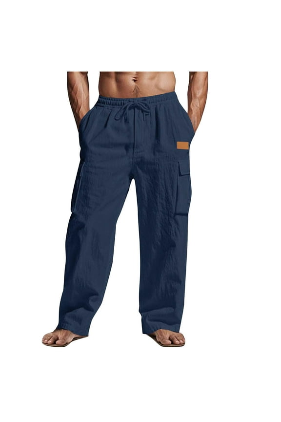 Work Pants for Men Summer Cotton Linen Drawstring Loose Fit Beach Trousers Casual Elastic Waist Hiking Cargo Pants