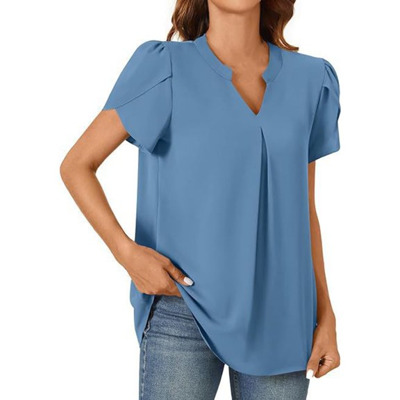 hotojiny Work Tops for Women Dressy Casual Short Sleeve Business Shirts Fashion Solid Color Notch V Neck Flowy Office Blouse