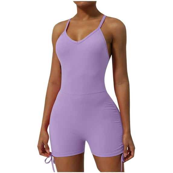 hotojiny Workout Jumpsuits for Women Spaghetti Strap V Neck Stretch Yoga Shorts Romper Solid Drawstring Summer One-Piece Outfits Clothes